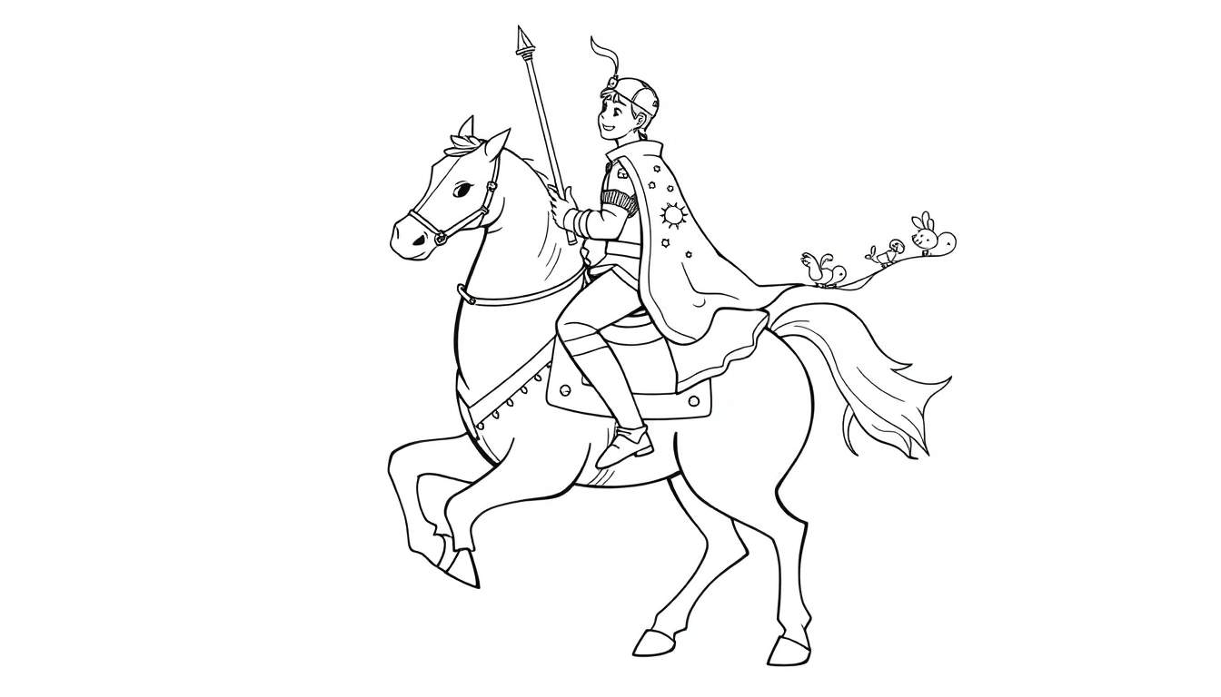 Un prince souriant en costume étoilé sur un cheval, tenant une lance, avec des oiseaux sur la queue du cheval, color panel.