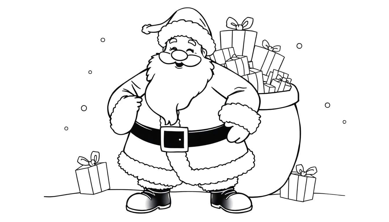 Dessin au trait du Père Noël avec un chapeau à pompon, une barbe volumineuse, un manteau bordé de fourrure, une ceinture large, un sac de cadeaux, et des points de neige tombant.