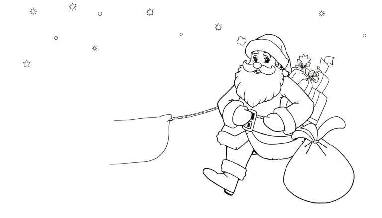 Dessin au trait du Père Noël tirant un traîneau rempli de cadeaux, avec des étoiles dans le ciel.