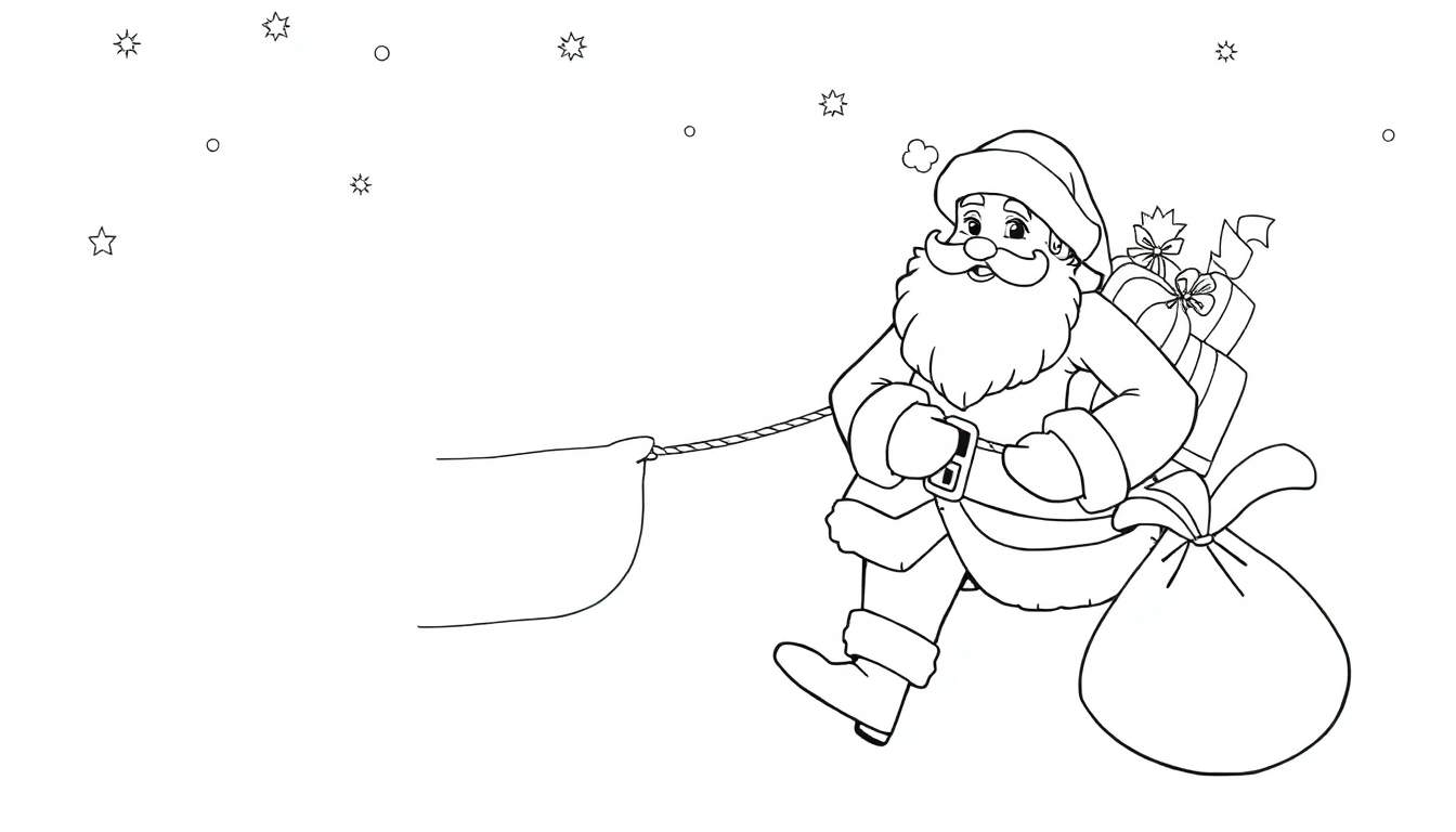 Dessin au trait du Père Noël tirant un traîneau rempli de cadeaux, avec des étoiles dans le ciel.