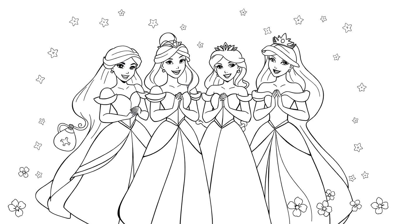 Quatre princesses Disney souriantes en robes de bal, avec des couronnes et des mains jointes, dans un style dessin au trait. Un color panel d'étoiles et de fleurs en arrière-plan.