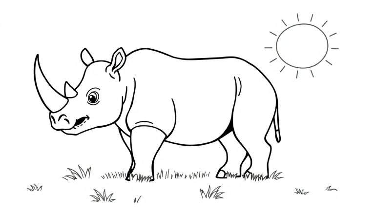 Un rhinocéros au trait pour le coloriage, avec le soleil en haut à droite. Un panneau de couleurs est prêt pour l'imagination.