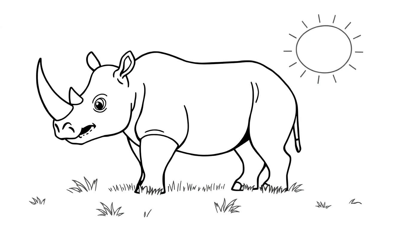 Un rhinocéros au trait pour le coloriage, avec le soleil en haut à droite. Un panneau de couleurs est prêt pour l'imagination.