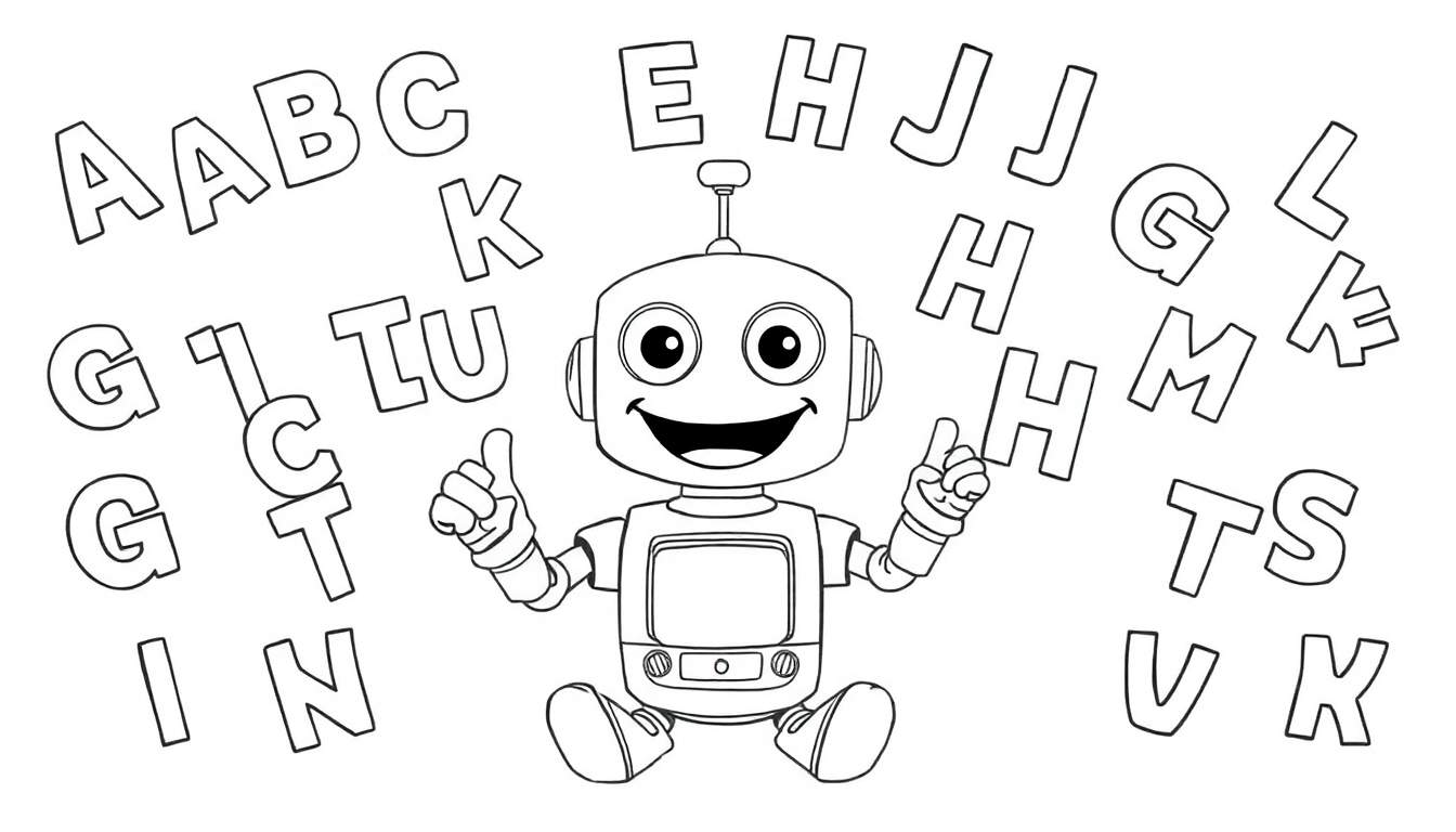 Un robot souriant avec des pouces levés, entouré de lettres de l'alphabet flottantes dans un color panel.