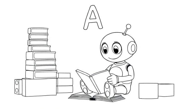 Un robot lisant un livre ouvert avec la lettre A au-dessus, entouré de livres et de blocs, sur un color panel.