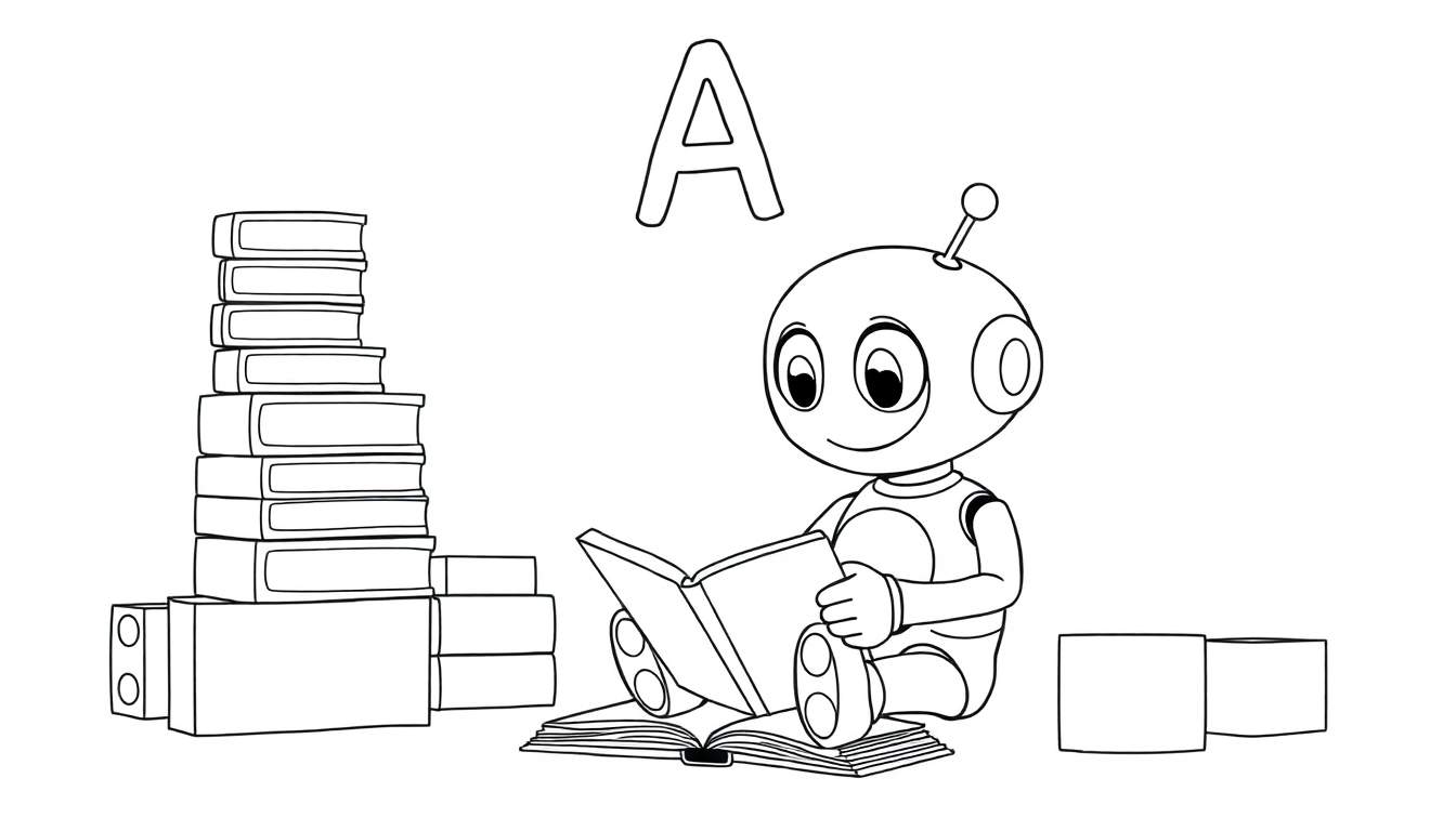 Un robot lisant un livre ouvert avec la lettre A au-dessus, entouré de livres et de blocs, sur un color panel.