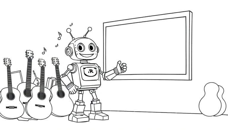 Un robot souriant donne un coup de pouce, entouré de guitares et d'un cadre vide.