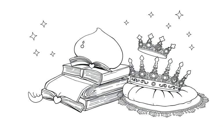 Un dessin au trait d'un livre ouvert sur une pile de livres, avec une pêche, des couronnes flottantes et des étoiles dans un color panel.