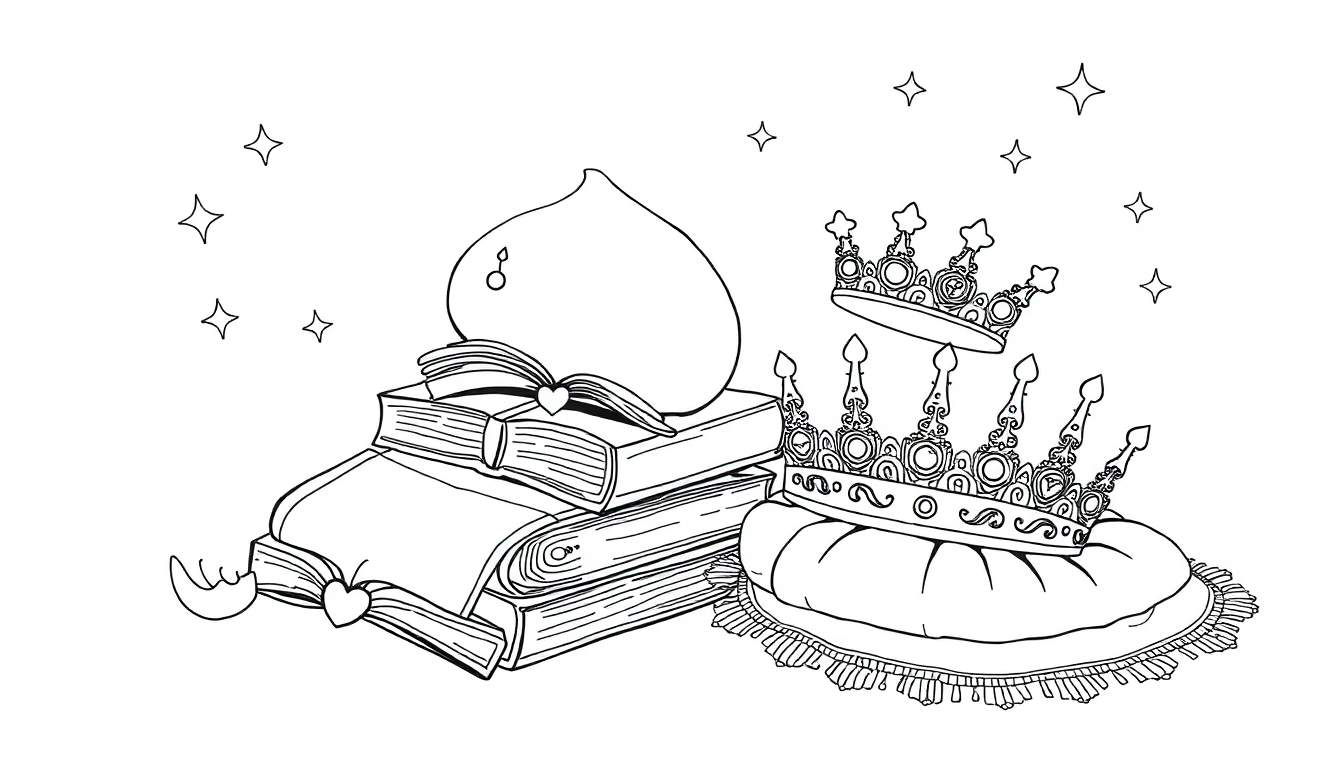 Un dessin au trait d'un livre ouvert sur une pile de livres, avec une pêche, des couronnes flottantes et des étoiles dans un color panel.