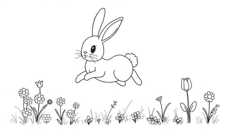 Dessin au trait d'un lapin sautant joyeusement par-dessus un parterre de fleurs colorées, comme un coloriage pour enfants.