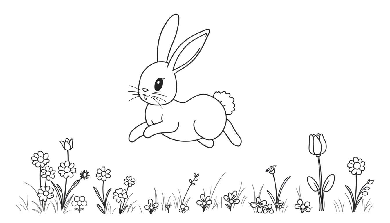 Dessin au trait d'un lapin sautant joyeusement par-dessus un parterre de fleurs colorées, comme un coloriage pour enfants.