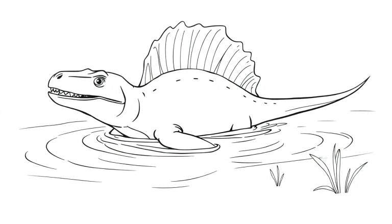 Dessin au trait en noir et blanc d'un dinosaure Spinosaurus nageant dans l'eau avec sa voile dorsale visible, des vaguelettes autour de lui et de la végétation sur la rive.