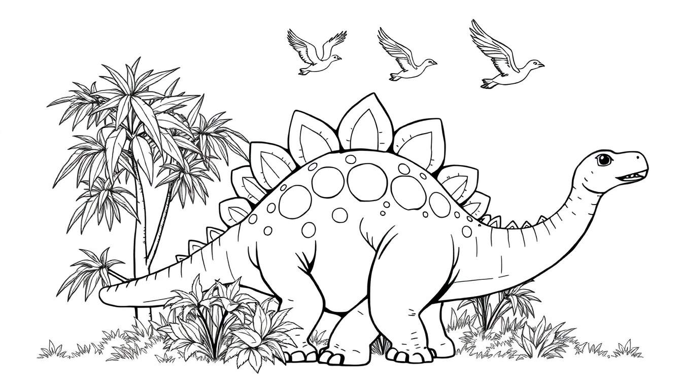 Un dessin au trait d'un stégosaure amical broutant des feuilles, avec des ptérodactyles volant au-dessus dans un paysage préhistorique, idéal pour un color panel.