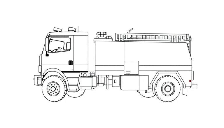 Dessin au trait d'un camion de pompiers rouge tout-terrain avec une échelle, des gros pneus et une suspension robuste, dans un panneau de couleur.