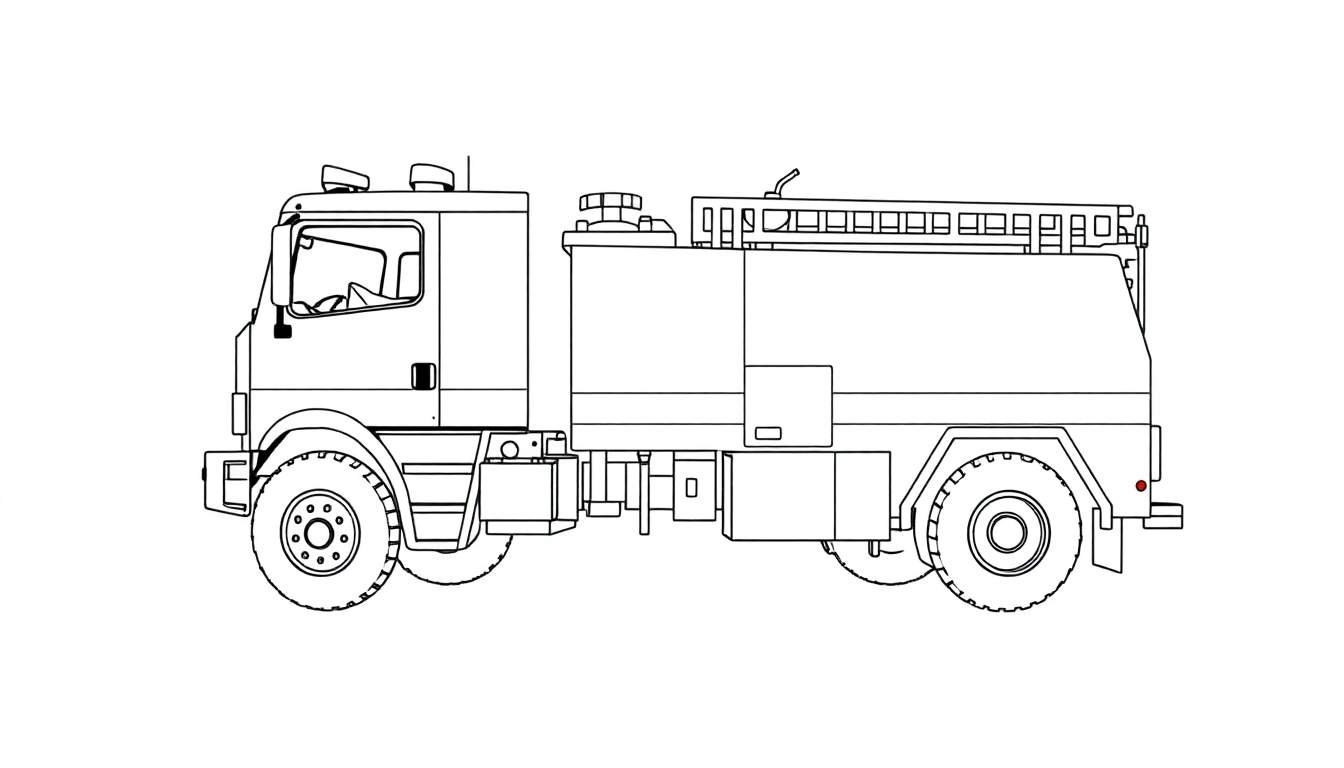 Dessin au trait d'un camion de pompiers rouge tout-terrain avec une échelle, des gros pneus et une suspension robuste, dans un panneau de couleur.
