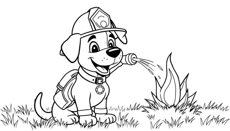 Planche en couleur d'un adorable chiot pompier avec un casque de pompier français et un tuyau d'incendie.