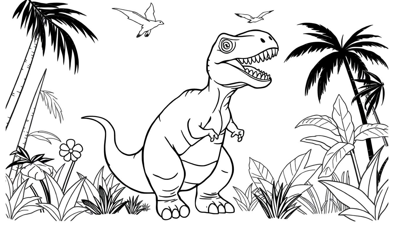 Dessin au trait d'un T-Rex amical tenant une fleur, avec des ptérodactyles en vol, dans un style livre de coloriage.