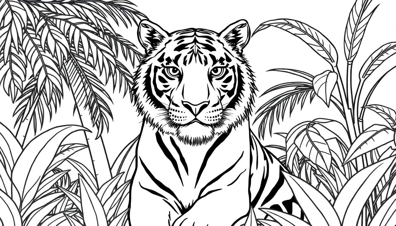 Dessin au trait d'un tigre rayé dans une jungle luxuriante, prêt à être colorié.