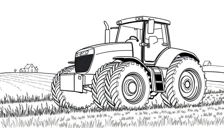 Tracteur rouge de dessin au trait travaillant dans un champ d'herbe avec une maison en arrière-plan sur une colline.