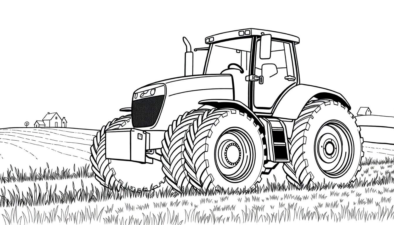 Tracteur rouge de dessin au trait travaillant dans un champ d'herbe avec une maison en arrière-plan sur une colline.