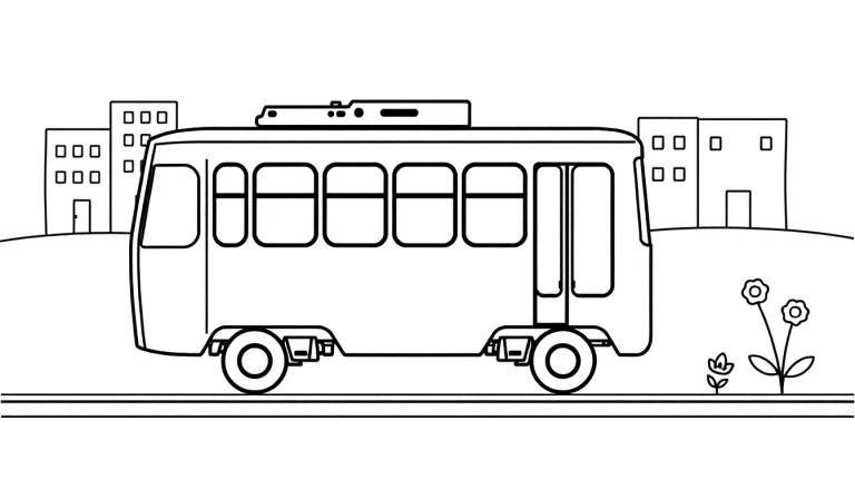 Un dessin en noir et blanc d'un tramway joyeux passant devant des bâtiments avec des fleurs, prêt pour un color panel.