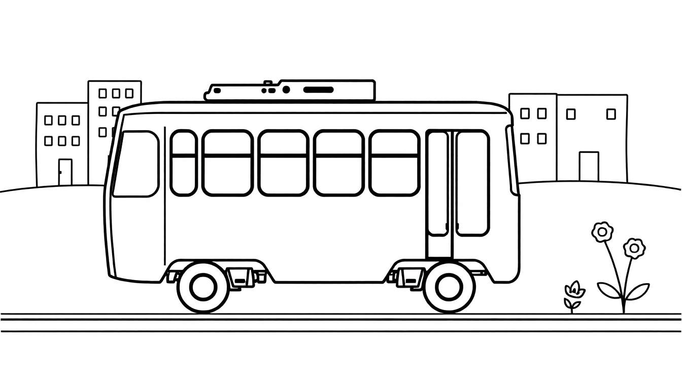 Un dessin en noir et blanc d'un tramway joyeux passant devant des bâtiments avec des fleurs, prêt pour un color panel.