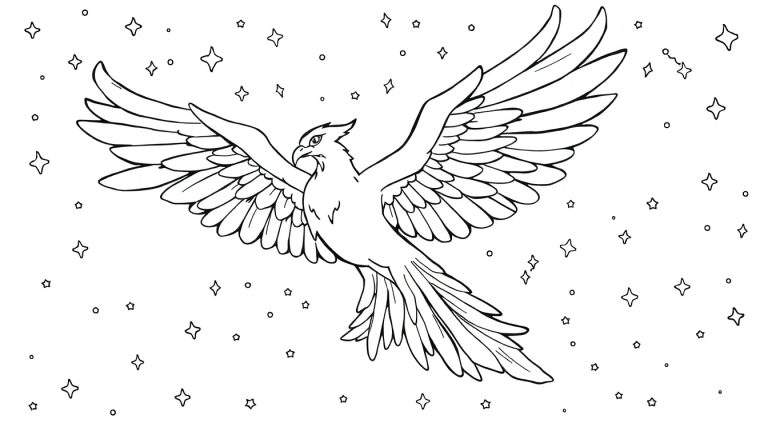 Dessin au trait d'un oiseau majestueux, type aigle ou faucon, en plein vol avec ses ailes déployées, sur un fond étoilé. Idéal pour un color panel.