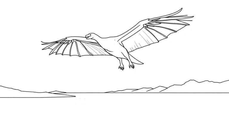 Un ptérosaure en noir et blanc vole au-dessus de montagnes et de mer, ses ailes déployées.