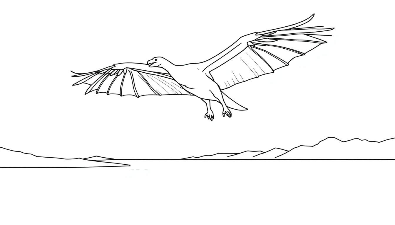 Un ptérosaure en noir et blanc vole au-dessus de montagnes et de mer, ses ailes déployées.
