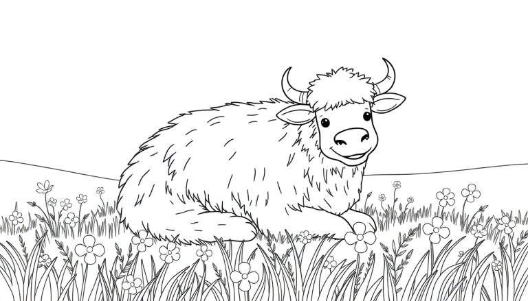 Un yack dessinée en noir et blanc avec de grandes cornes et un sourire, allongé dans un champ de fleurs et d'herbes, prêt à être colorié.