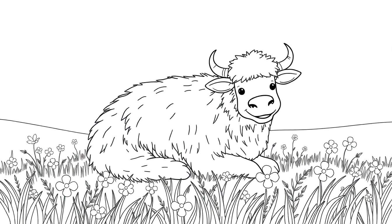 Un yack dessinée en noir et blanc avec de grandes cornes et un sourire, allongé dans un champ de fleurs et d'herbes, prêt à être colorié.