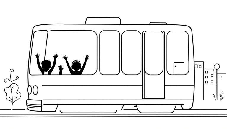 Dessin en noir et blanc d'un bus avec des passagers levant les bras et des bâtiments et des plantes en arrière-plan.