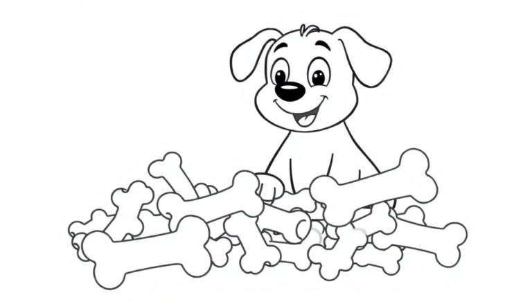 Un chiot dessin animé joyeux assis au milieu d'un tas d'os noirs et blancs.