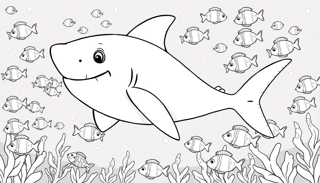 Un gentil requin de dessin animé souriant nage entouré de petits poissons rayés dans un paysage marin, dans un style livre de coloriage.