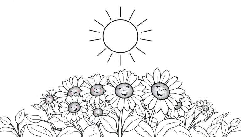 Un groupe de fleurs souriantes et joyeuses dans un dessin au trait noir et blanc sous un soleil rayonnant, prêt pour un color panel.