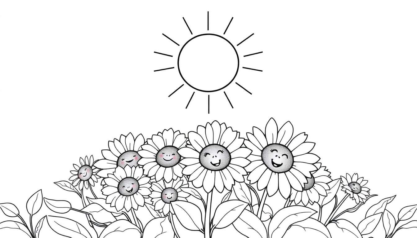 Un groupe de fleurs souriantes et joyeuses dans un dessin au trait noir et blanc sous un soleil rayonnant, prêt pour un color panel.