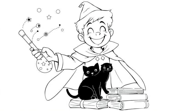 Un jeune sorcier dessiné au trait, souriant, tenant une baguette magique d'où sortent des étoiles, avec un chat à deux têtes assis sur des livres à ses pieds. Image à colorier.