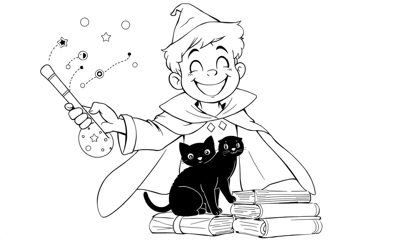 Un jeune sorcier dessiné au trait, souriant, tenant une baguette magique d'où sortent des étoiles, avec un chat à deux têtes assis sur des livres à ses pieds. Image à colorier.