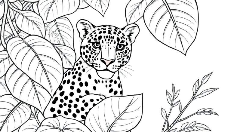 Un léopard noir et blanc tapi parmi des feuilles.