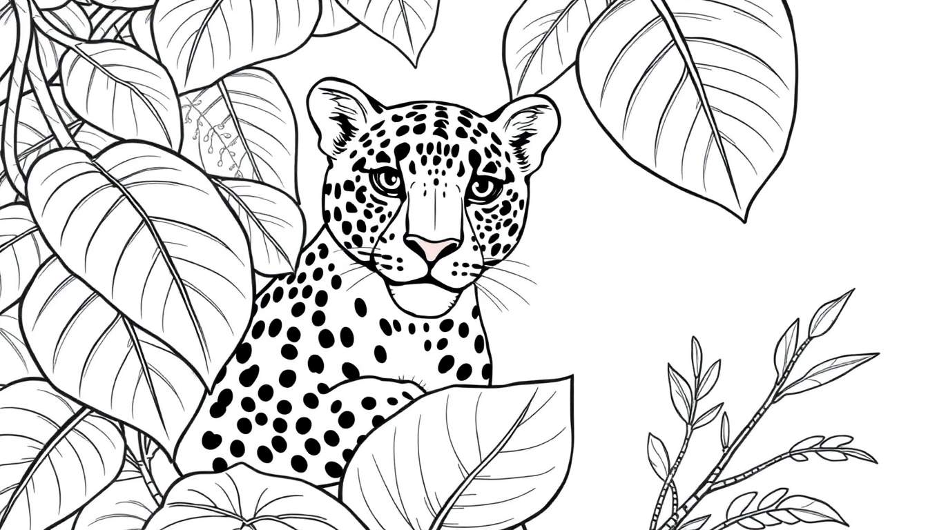 Un léopard noir et blanc tapi parmi des feuilles.
