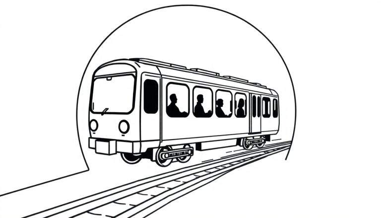 Un train noir et blanc sortant d'un tunnel sombre avec des silhouettes de passagers visibles aux fenêtres.