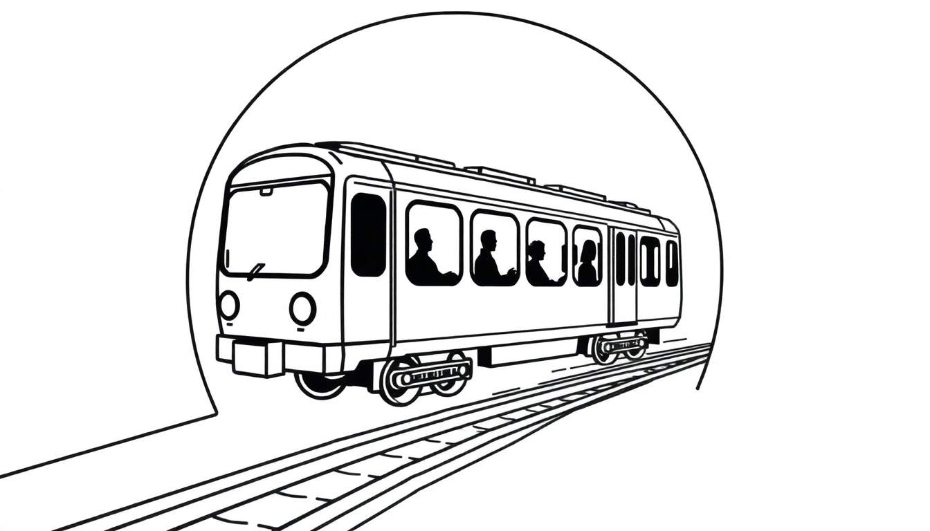 Un train noir et blanc sortant d'un tunnel sombre avec des silhouettes de passagers visibles aux fenêtres.