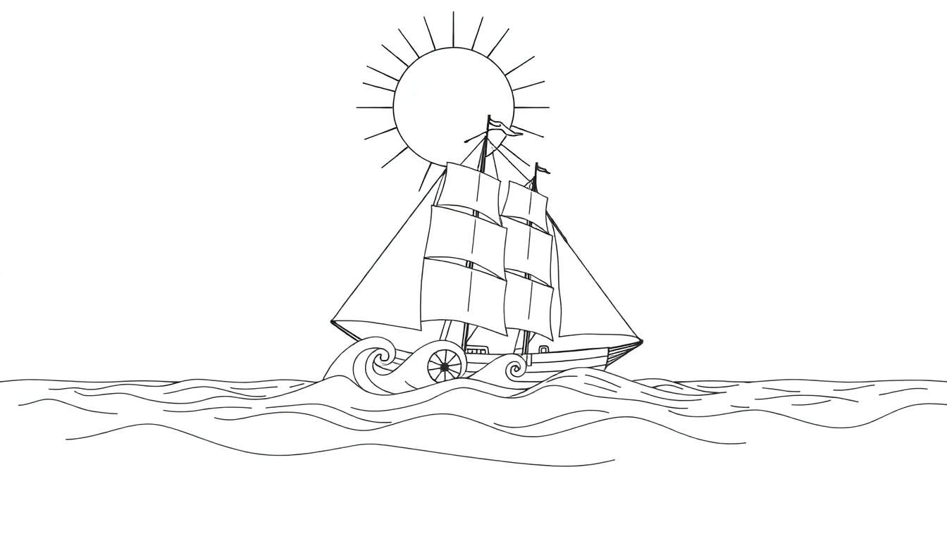 Dessin au trait simple d'un voilier sur l'eau avec un soleil rayonnant, parfait pour un color panel.