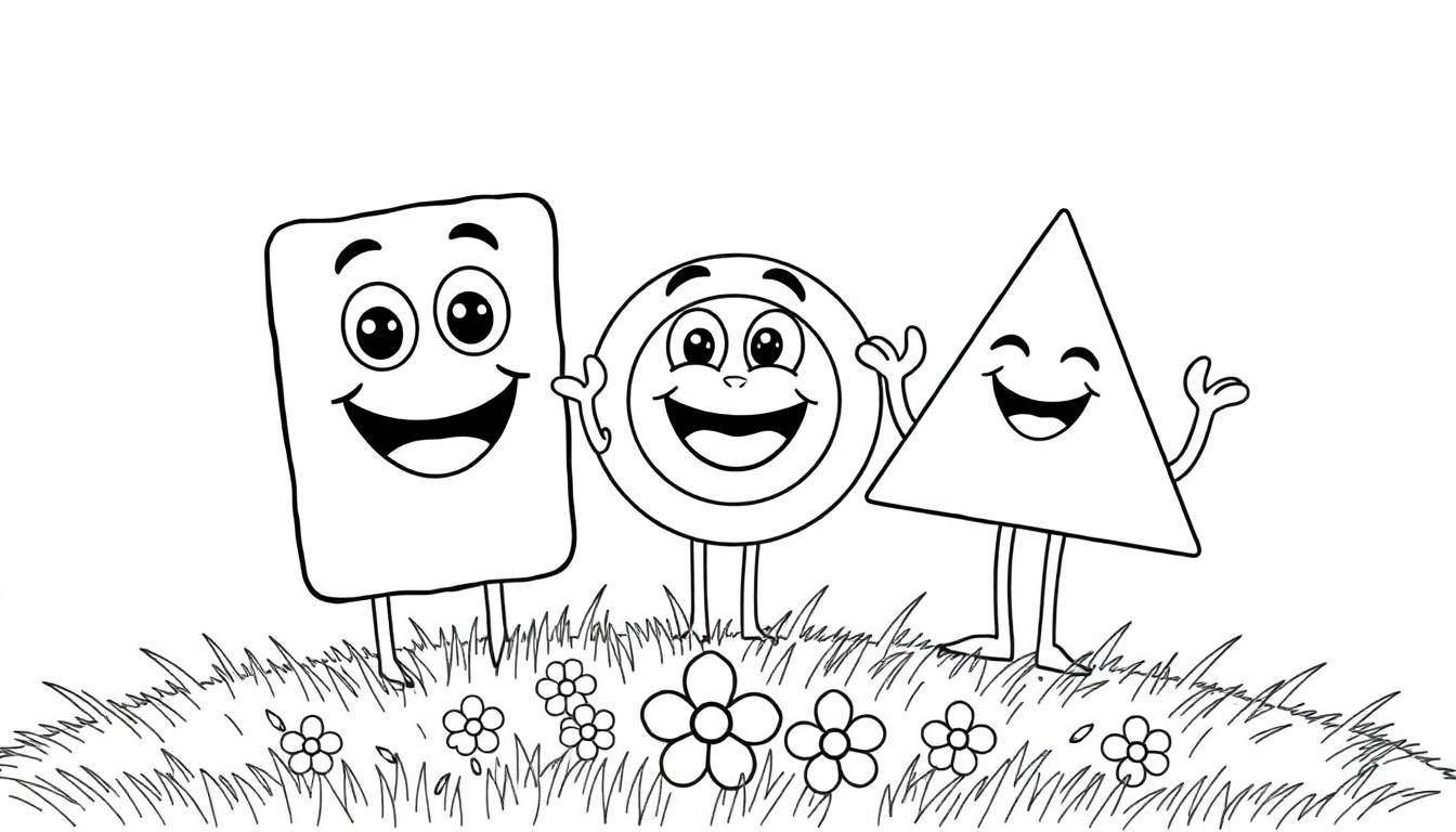Trois formes géométriques anthropomorphisées (rectangle, cercle, triangle) souriantes avec des bras levés dans un paysage herbeux, prêtes pour un color panel.