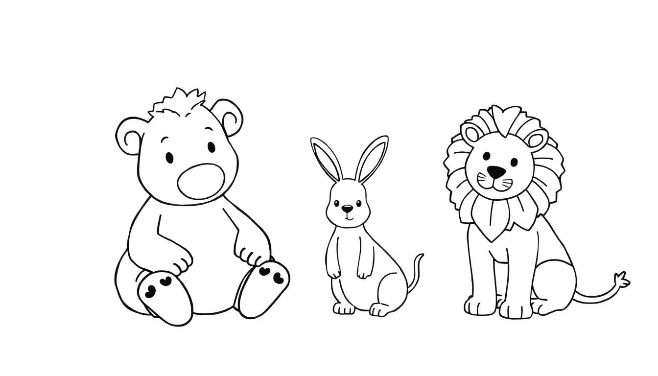 Dessin au trait d'un ours en peluche, d'un lapin et d'un lion dans un style de dessin animé mignon.