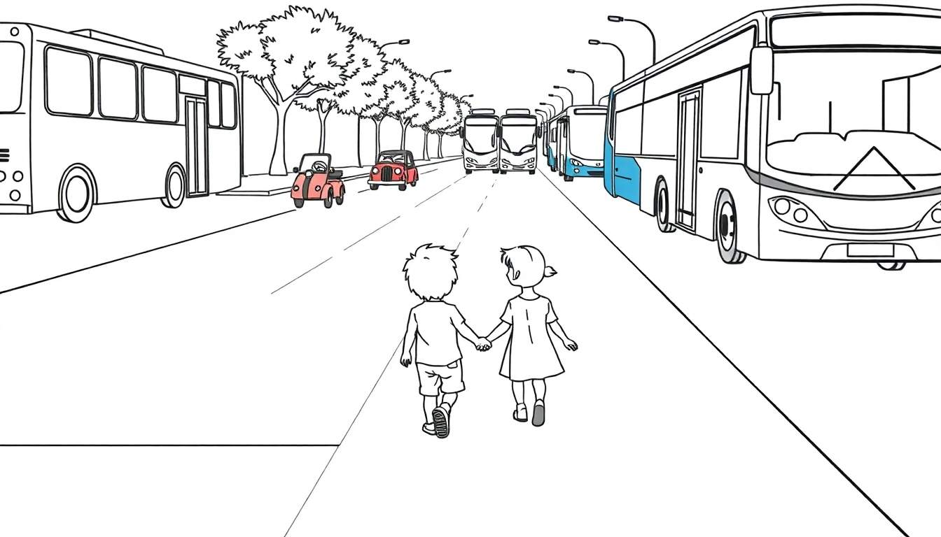 Illustration en noir et blanc d'une rue animée avec des autobus, des voitures, des arbres et des lampadaires. Deux enfants se tiennent la main au milieu de la rue.