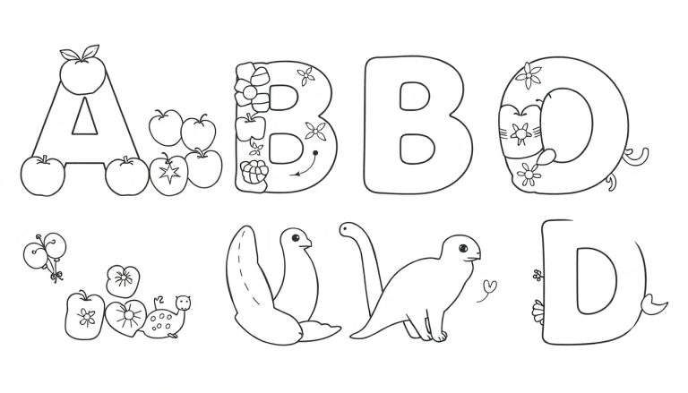Page de coloriage Alphabet avec des lettres décorées, un color panel