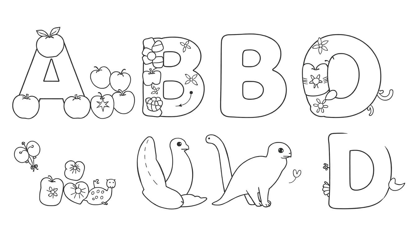 Page de coloriage Alphabet avec des lettres décorées, un color panel