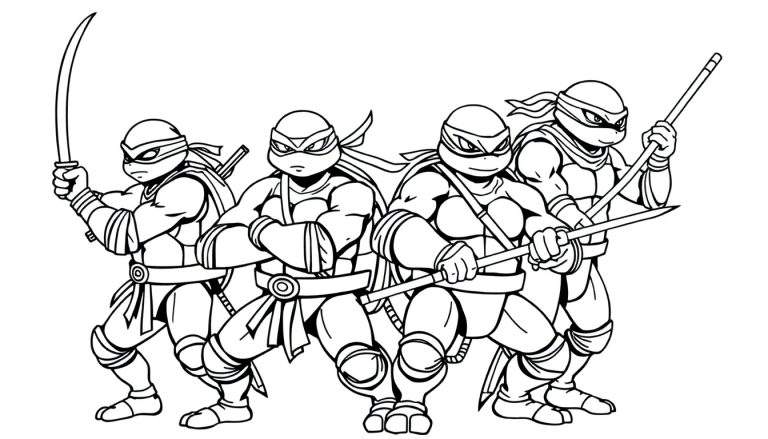 Quatre Tortues Ninja en action avec leurs armes, dans un style bande dessinée. Léo tient ses katanas, Raphaël ses sais, Donatello son bâton bo, et Michelangelo ses nunchakus. L'arrière-plan présente des briques et des tuyaux d'eau, le tout dans un color panel dynamique.