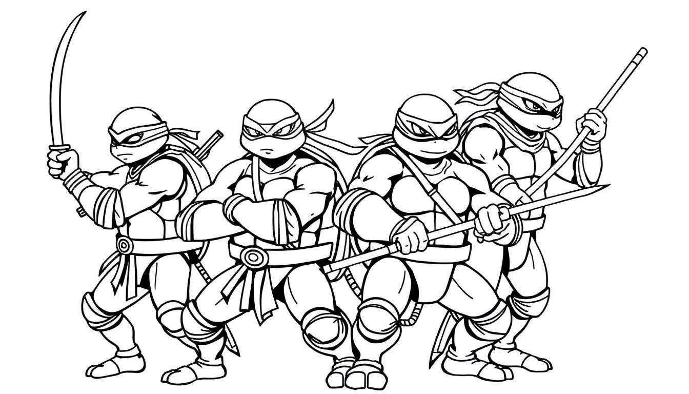 Quatre Tortues Ninja en action avec leurs armes, dans un style bande dessinée. Léo tient ses katanas, Raphaël ses sais, Donatello son bâton bo, et Michelangelo ses nunchakus. L'arrière-plan présente des briques et des tuyaux d'eau, le tout dans un color panel dynamique.